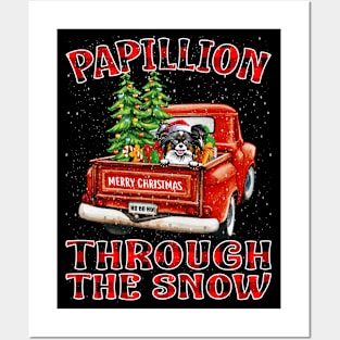 Christmas Papillion Through The Snow Dog Santa Truck Tree Posters and Art